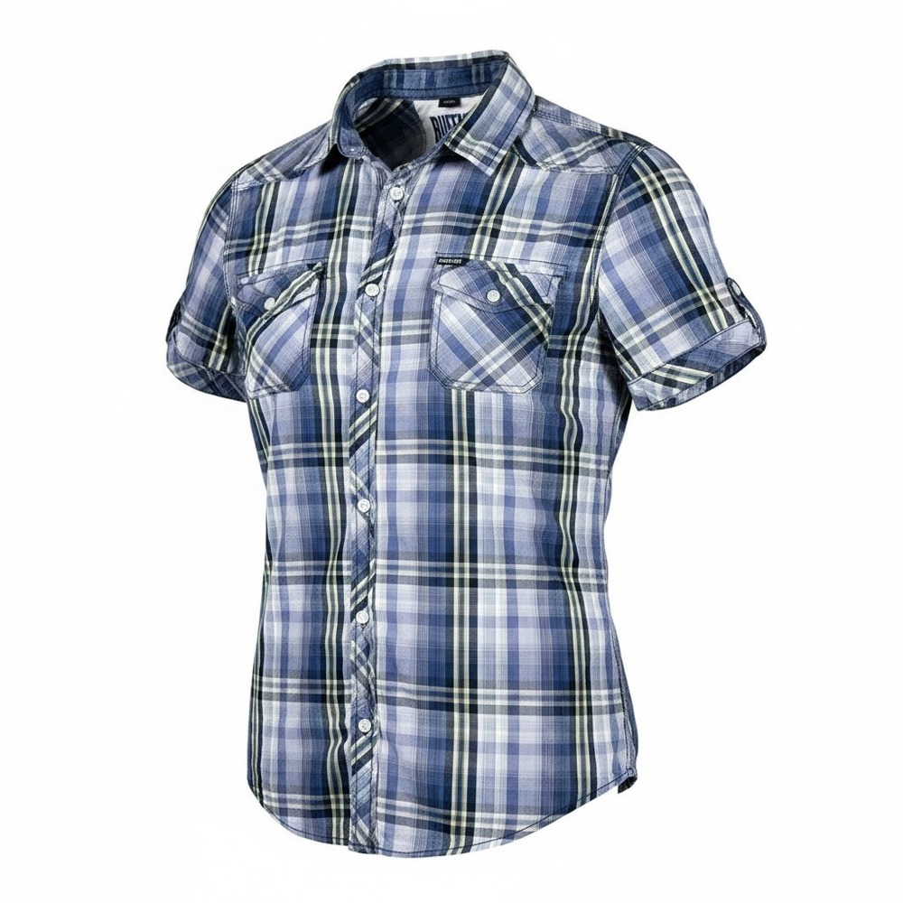 Buffalo David Bitton Mens Blue Plaid Utility Button Up Short Sleeve Shirt Size M